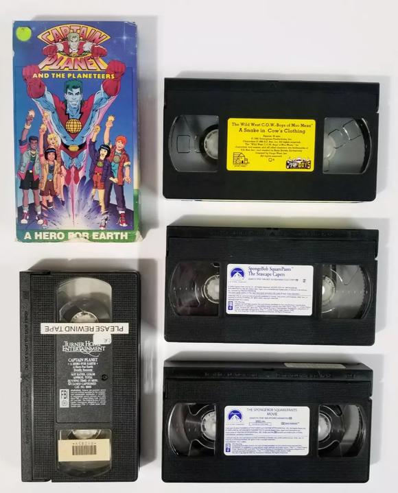 VHS lot of 4: SpongeBob Square Pants, Captain Planet, The Wild West C.O.W. Boys